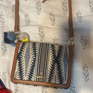 Patterned Tan and Blue Crossbody Bag